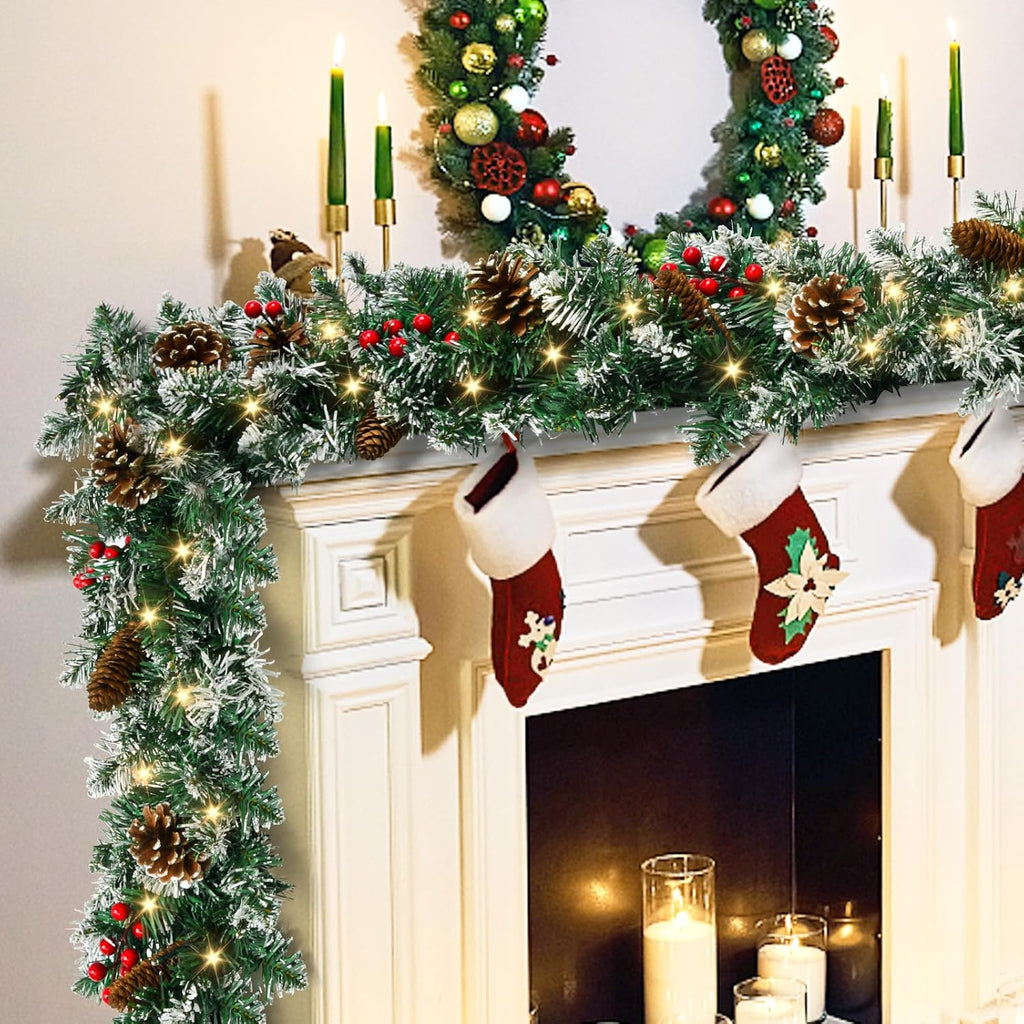 9 FT Christmas Garland with Lights,Battery Operated Lighted Garland with Pine Cones Red Berries Lush Branches,50 LED