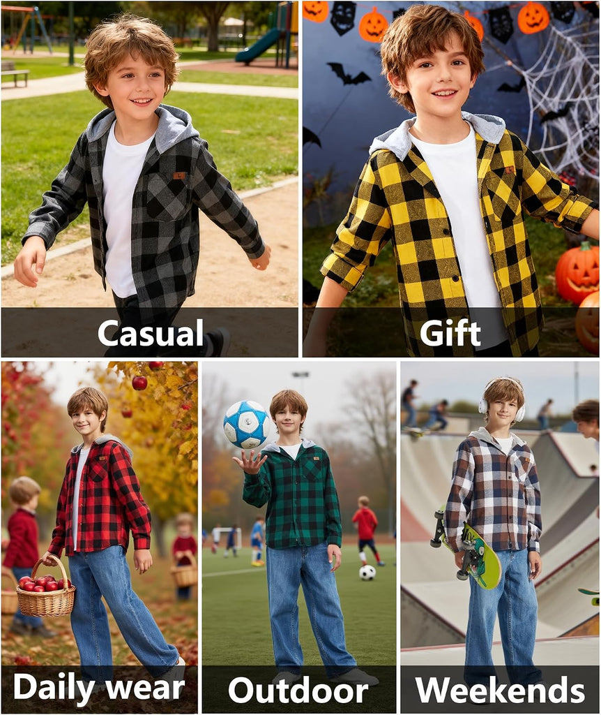 Boys Flannel Shirts Kids Plaid Hoodie