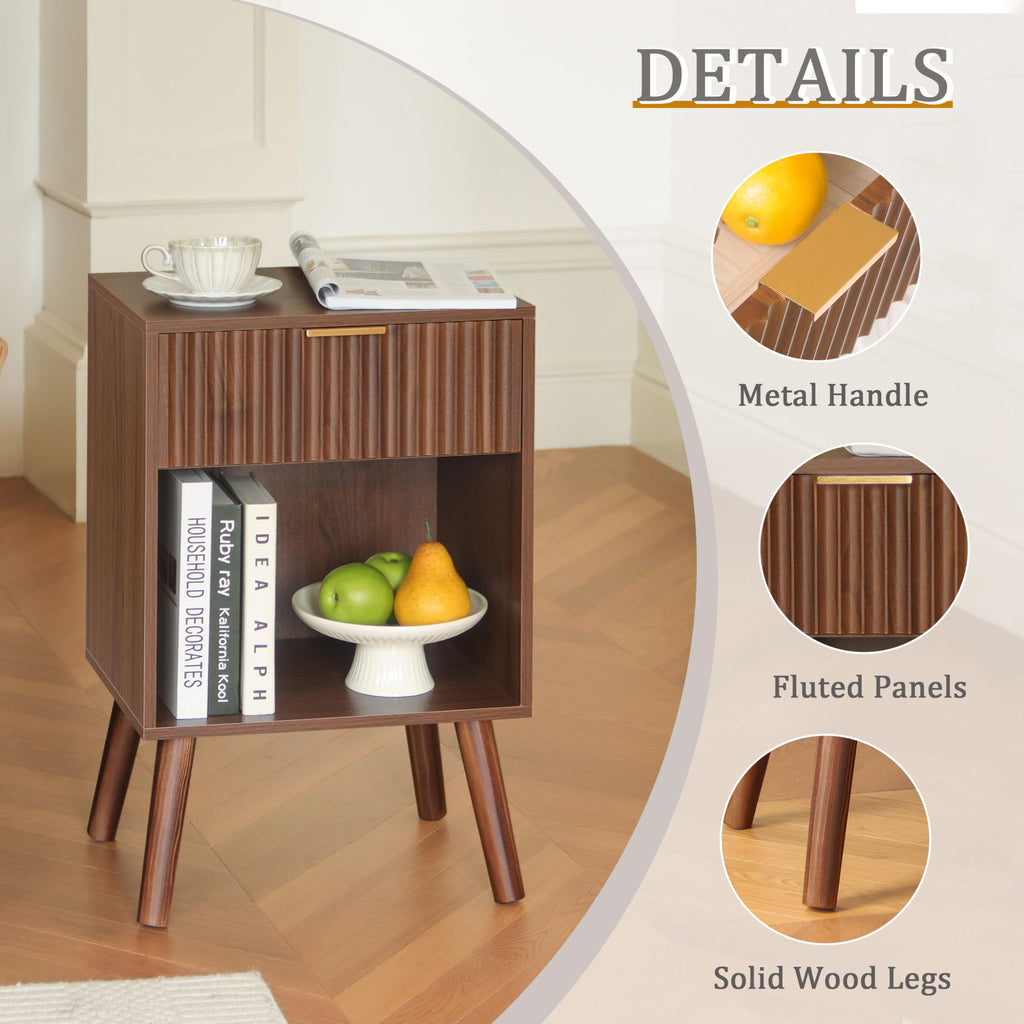 Walnut Nightstand, Fluted Bedside Table with Drawer and Open Shelf
