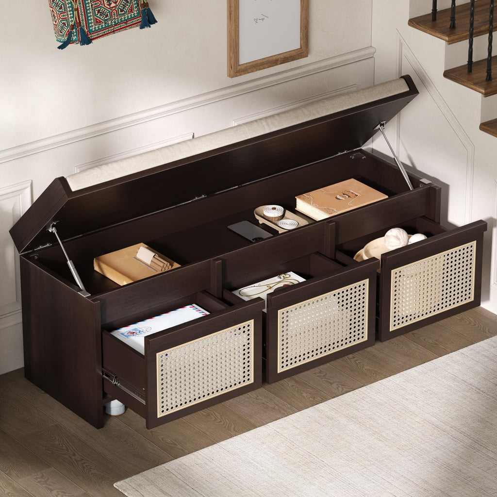 48" Shoe Storage Bench with Cushion, 2-Tier Entryway Bench with 3 Rattan Storage Drawers & Lift Top Storage, Retro