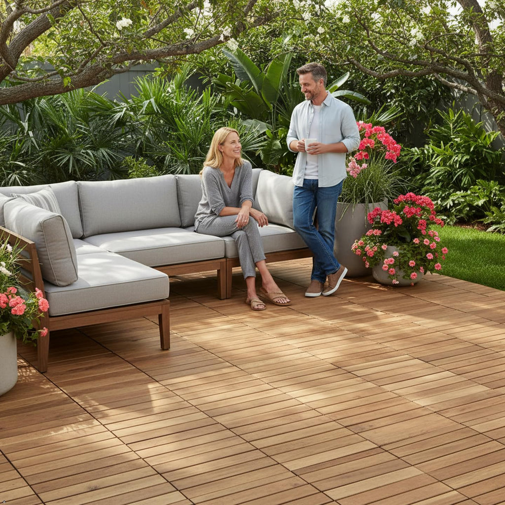 Natural Acacia 12x12 Interlocking Wood Deck Tiles for Balcony, Garden, Patio, Poolside Decor - Waterproof Indoor &