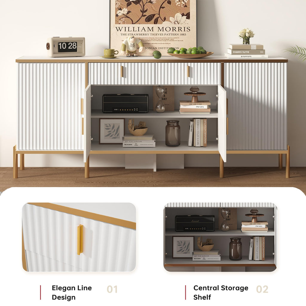 60" Fluted Buffet Cabinet with Storage, Modern Buffets & Sideboard with 2 Drawers, 4 Doors and Adjustable Shelves