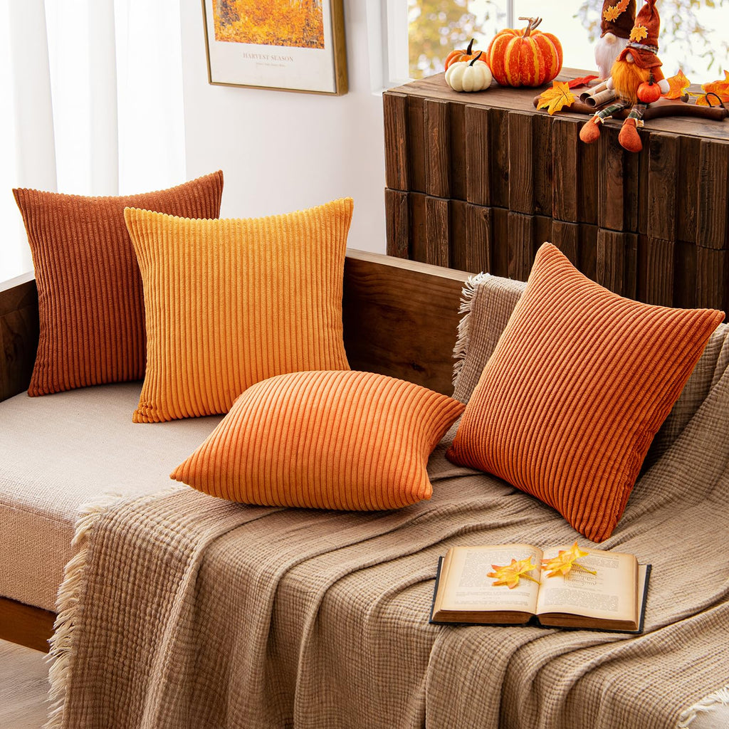 Fall Corduroy Decorative Throw Pillow Covers Orange Rust 18x18