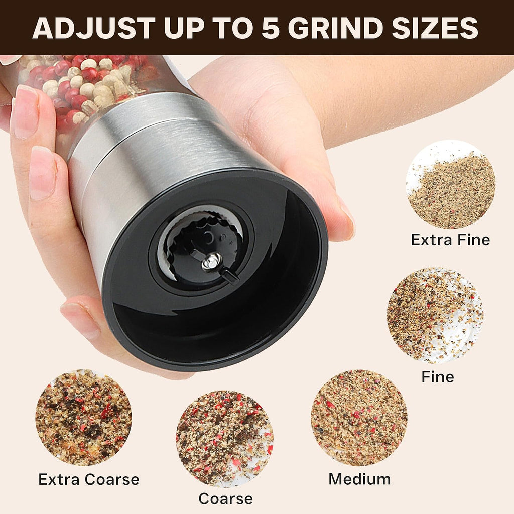 Stainless Steel Salt and Pepper Grinder Set - Short Glass Shaker, Pepper Mill & Salt Mill with Adjustable Coarseness - Set of 2