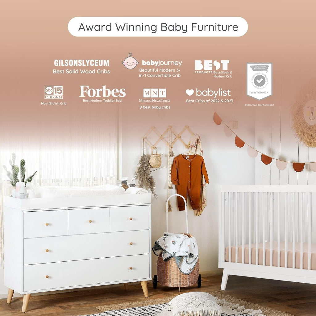 Harmony Wood Baby Crib & Dresser Set, Nursery Furniture Combo, White | Soho 3-in-1 Convertible, Beechwood, Made in