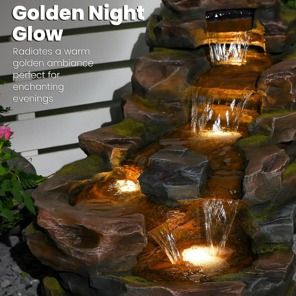 Water Fountain Outdoor Floor Standing 5-Tiers Rock Natural Waterfall Outdoor Garden Fountains with LED Lights