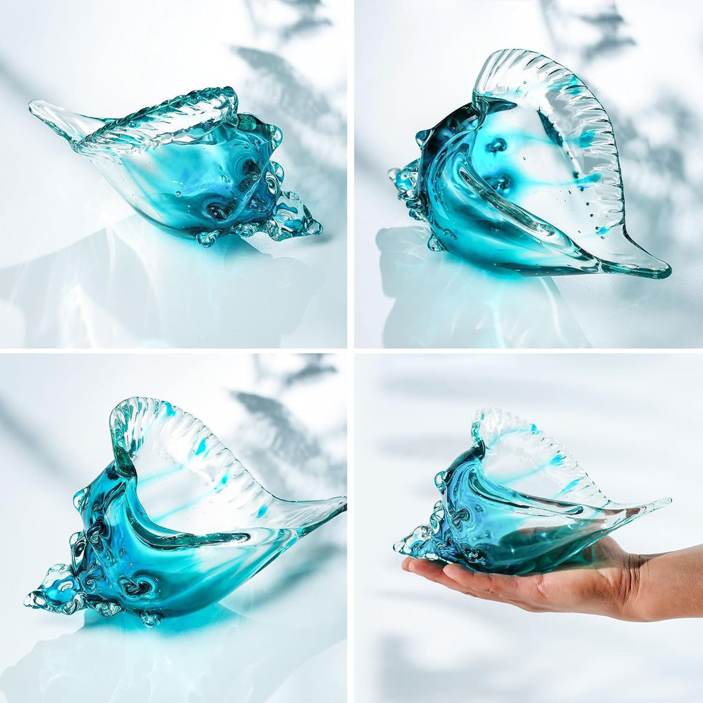 Blown Glass Conch Shell Sculpture, 8.2" Sea Glass Art Decor