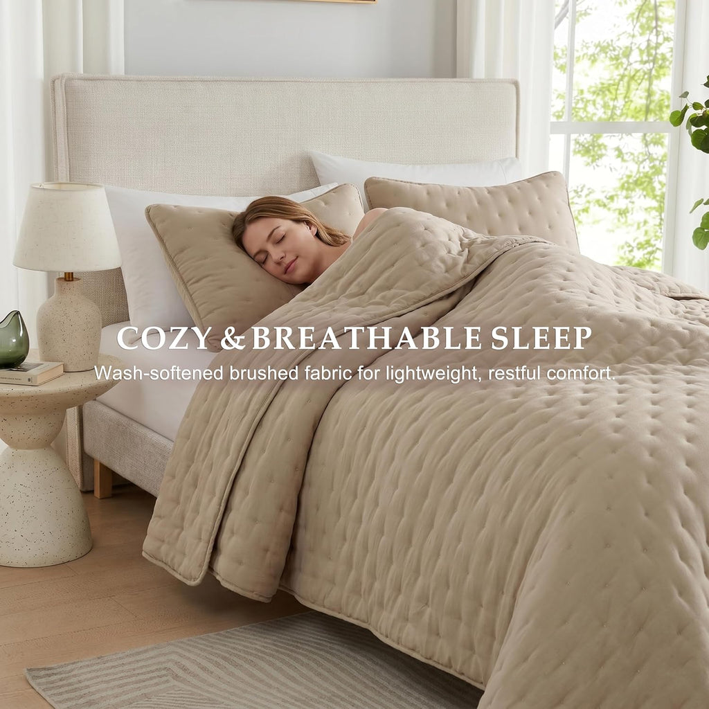 Beige Cloud King Quilt Set, Tan Lightweight Farmhouse Bedspread, Rustic Country Coverlet, Taupe Camel Soft Bedding