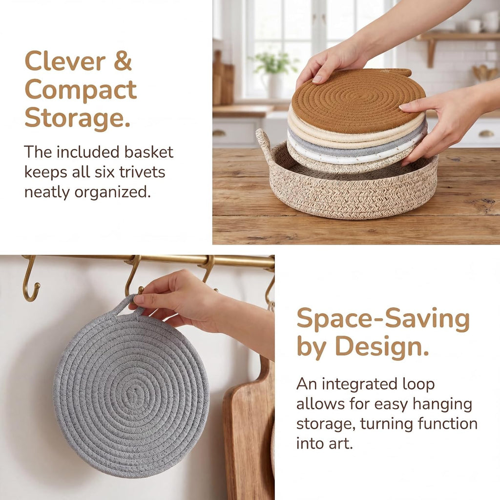Hot Pads & Quartz Countertops - 6-Pack 8-Inch Cotton Trivets for Hot Dishes, Pots and Pans, Machine Washable - Set of 6