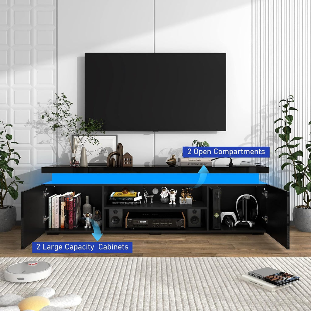 LED TV Stand for 75 Inch TV, Modern TV Stand with Power Outlet, High Gloss TV Console Entertainment Center with