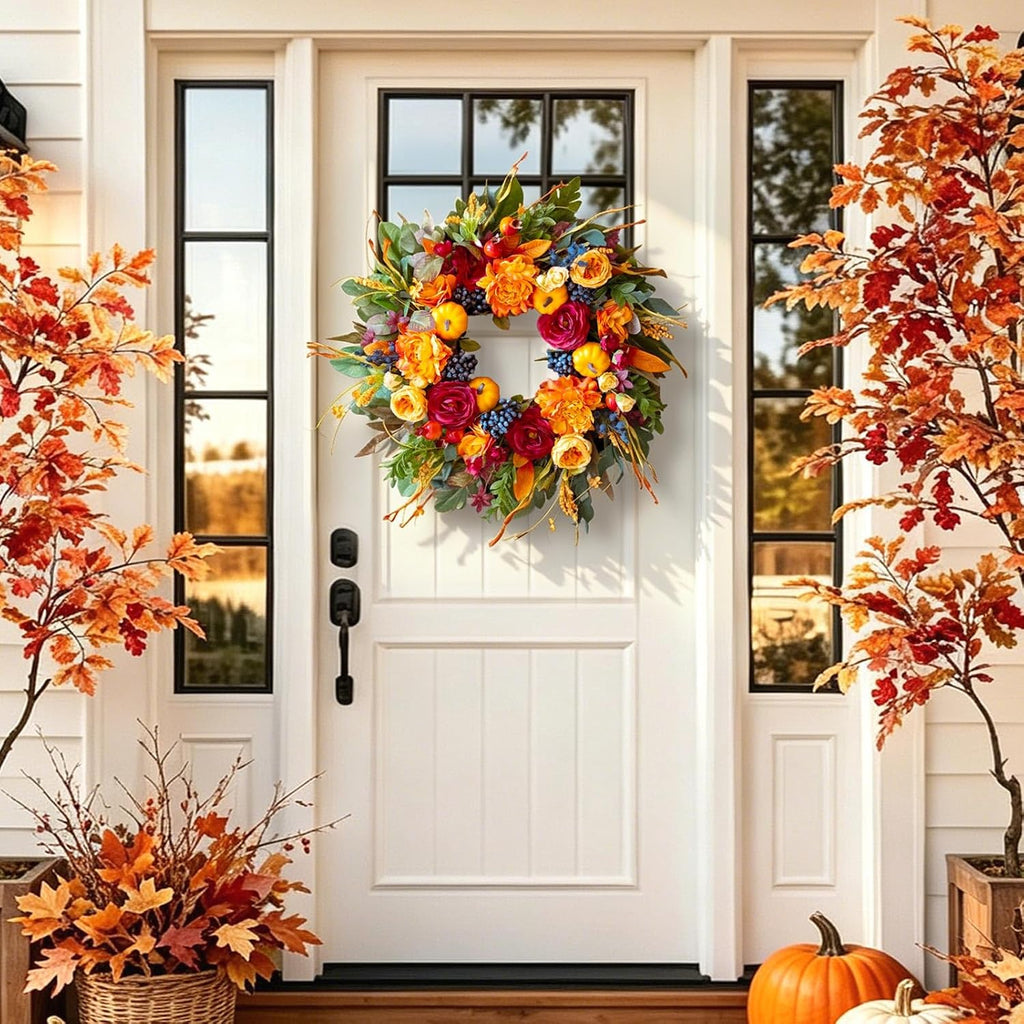 24 Inch Artificial Harvest Fall Wreath for Front Door,Porch & Entryway,Wall