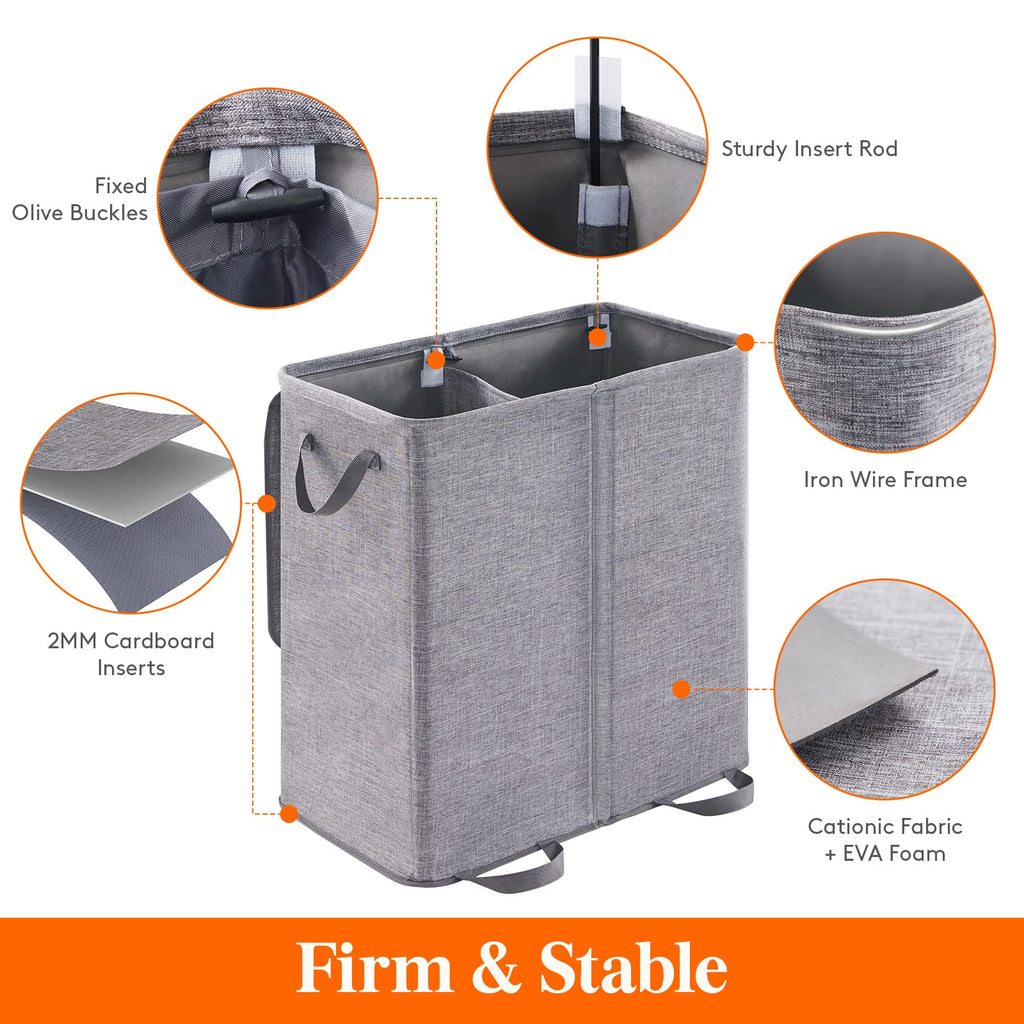 Double Laundry Hamper with Lid, Removable Laundry Bags, Gray