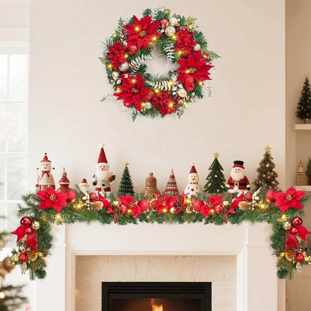 Pre-Lit Christmas Wreath for Front Door, 24 Inch Large Xmas Wreath for Holiday Decor, Battery Operated Xmas Lighted