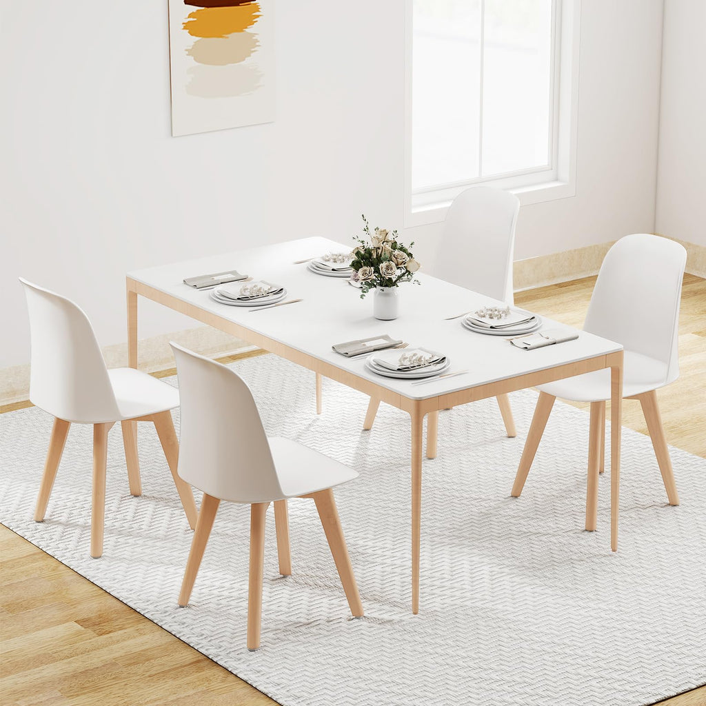 White Dining Chairs Set of 4, Solid Beech Wood Legs, Tilt Backrest