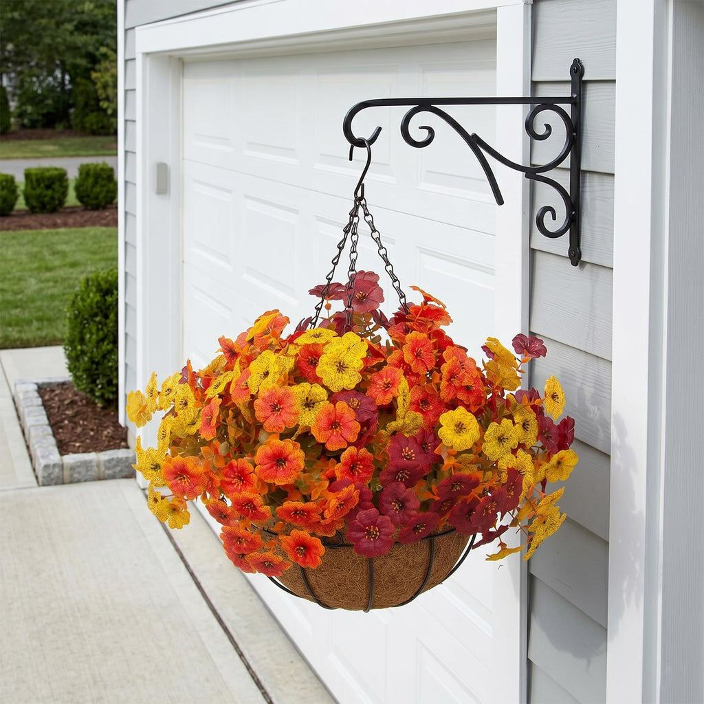 2 Set Artificial Outdoor Fall Flowers with Hanging Basket, 2 Packs Hanging Planters with 24 Pcs Faux Fall Mums for