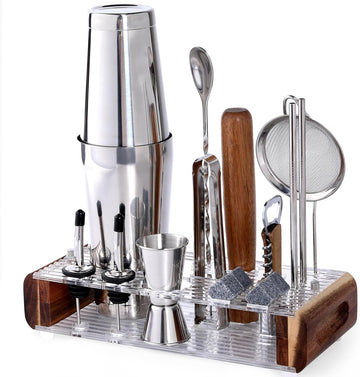 Mixology Bartender Kit with Stand - Bar Tool Set, Silver Bar Set Cocktail Shaker Set for Drink Mixing - Set of 15