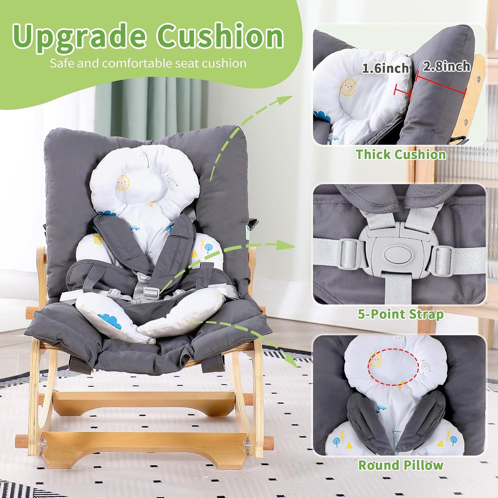 In-1 Baby Rocker Chair with Double Cushions, for 0-12 Months, Adjustable Wooden Infant Rocker with Removable