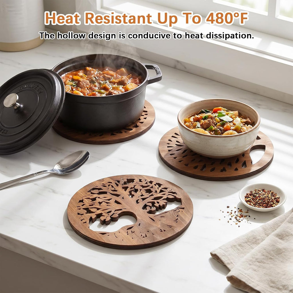 Wooden Trivets for Hot Dishes, Rustic Round Tree Trivet Set, Heat Resistant Hot Plate Holders for Pots, Pans - Set of 6