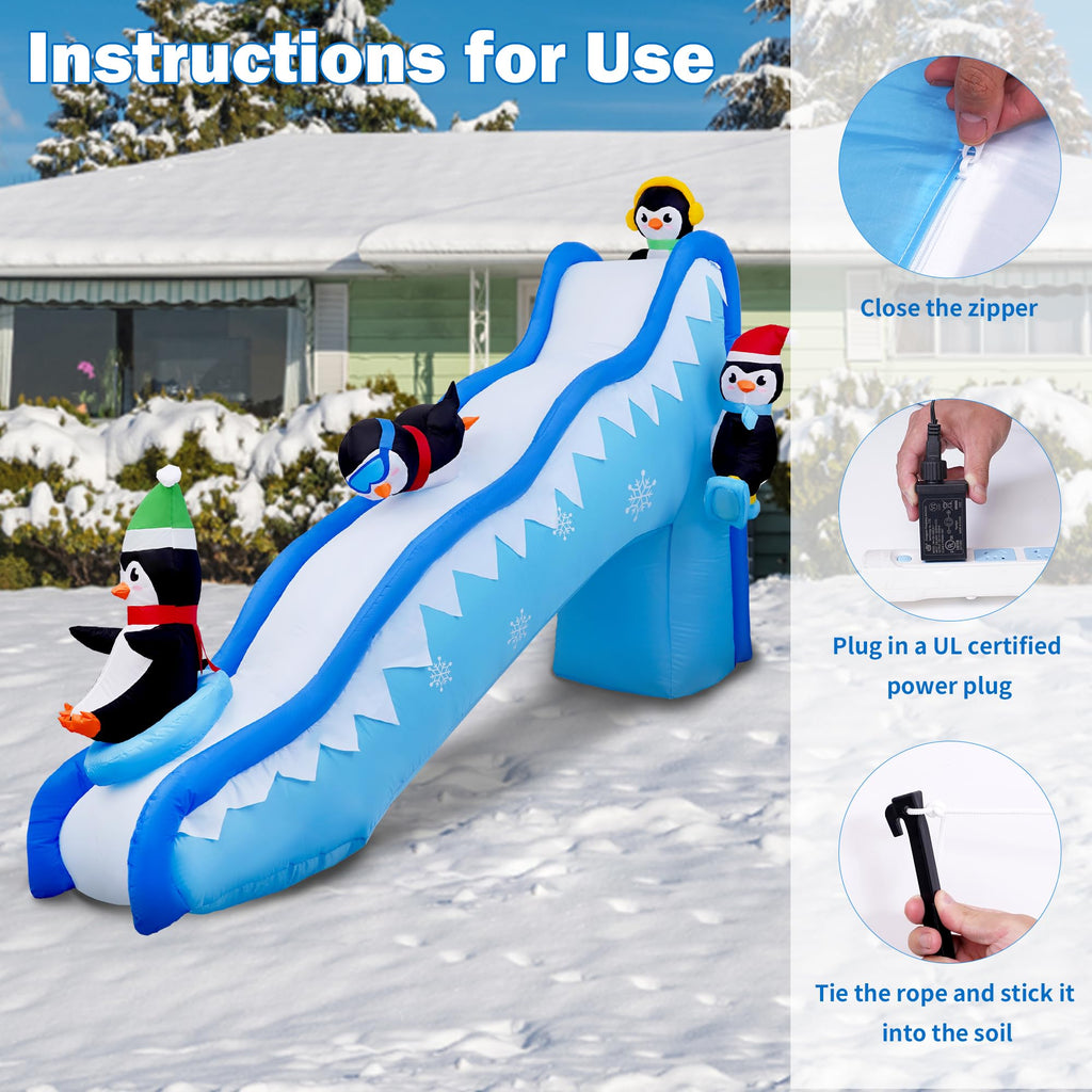 6FT Christmas Inflatables Decorations Outdoor Penguin Slide Blow Up Build-in LED Lights for Yard Lawn Indoor Holiday