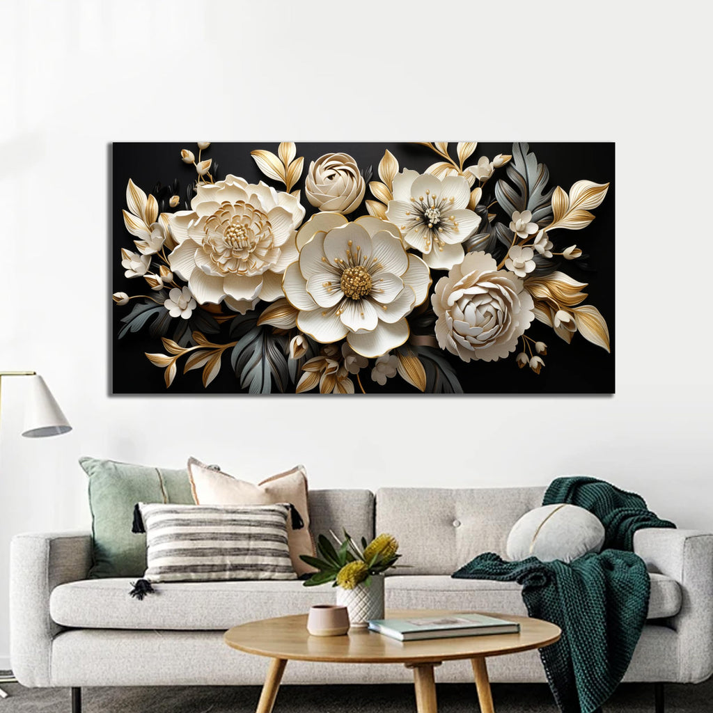 Large Gold and Black Flower Wall Art Botanical Picture Modern Artwork Office Teen Girls Room Kitchen 20x40 Inch