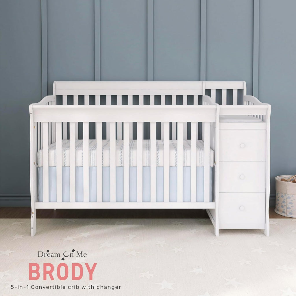 Brody 5-in-1 Convertible Crib and Changer, GREENGUARD Gold | Detachable Changer, 3 Drawers, 3 Mattress Height