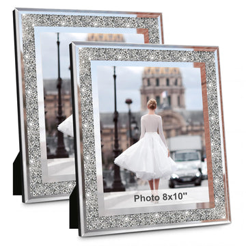 8x10 Picture Frame Glass Crushed Diamond Sparkle Photo Frames 2 Pack, Crystal Silver Mirror Frame Decor, Wedding Gift