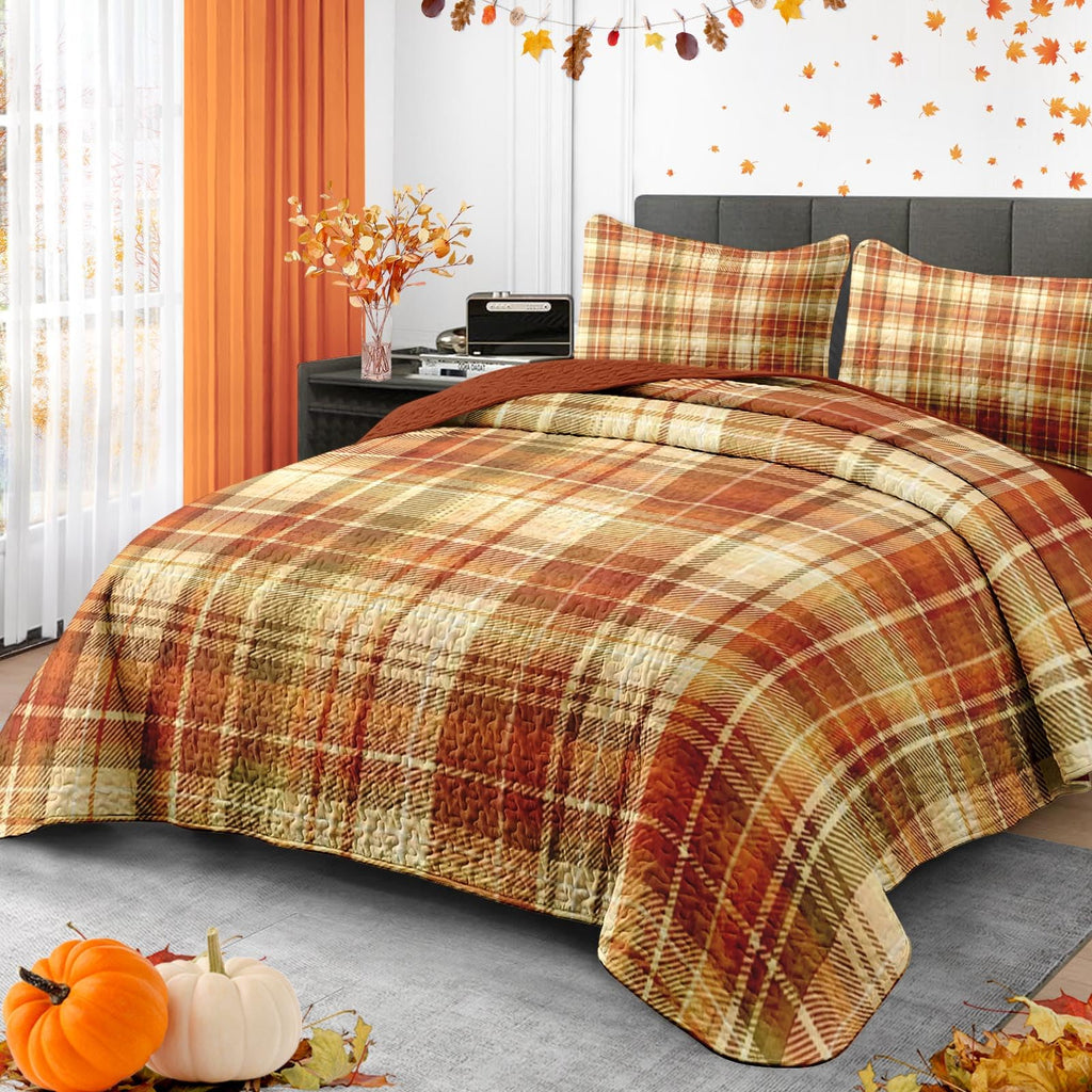 Fall Quilt Set, 3 Pieces Plaid Autumn Bedding, Bedspread