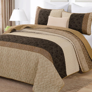 Boho Queen Quilt Set,Striped Plaid Bedspread Coverlet Set,Light Brown Bedding Set Soft Microfiber Bedding Set with 2