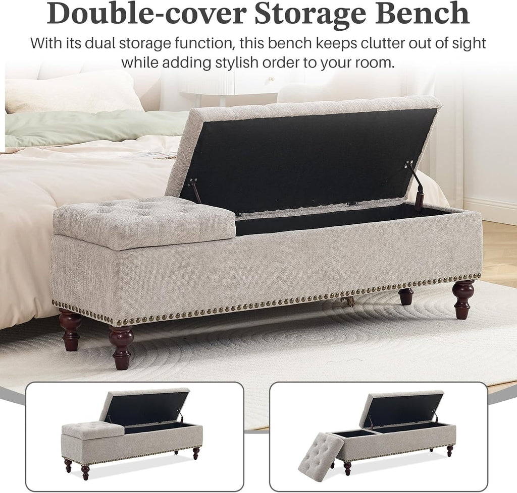 55" Storage Ottoman Bench, Tufted End of Bed Bench, Light Gray | 55" Tufted Storage Bench with 2 Compartments