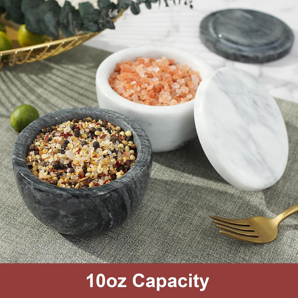 Black Marble Salt Cellar with Lid, Large 10oz Spice Keeper Pot with spoon