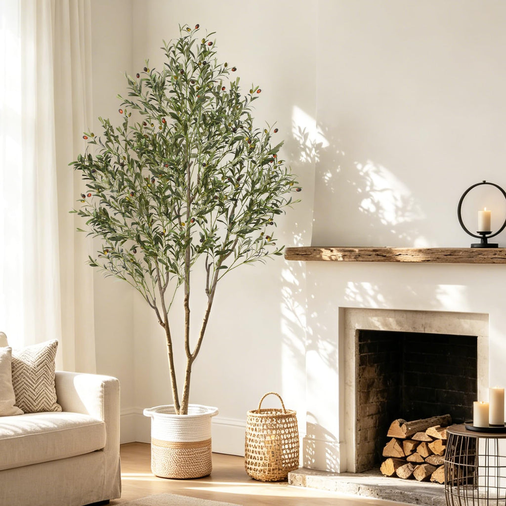 7FT Olive Trees Artificial Indoor with Planter&Basket, Tall Faux Olive Tree