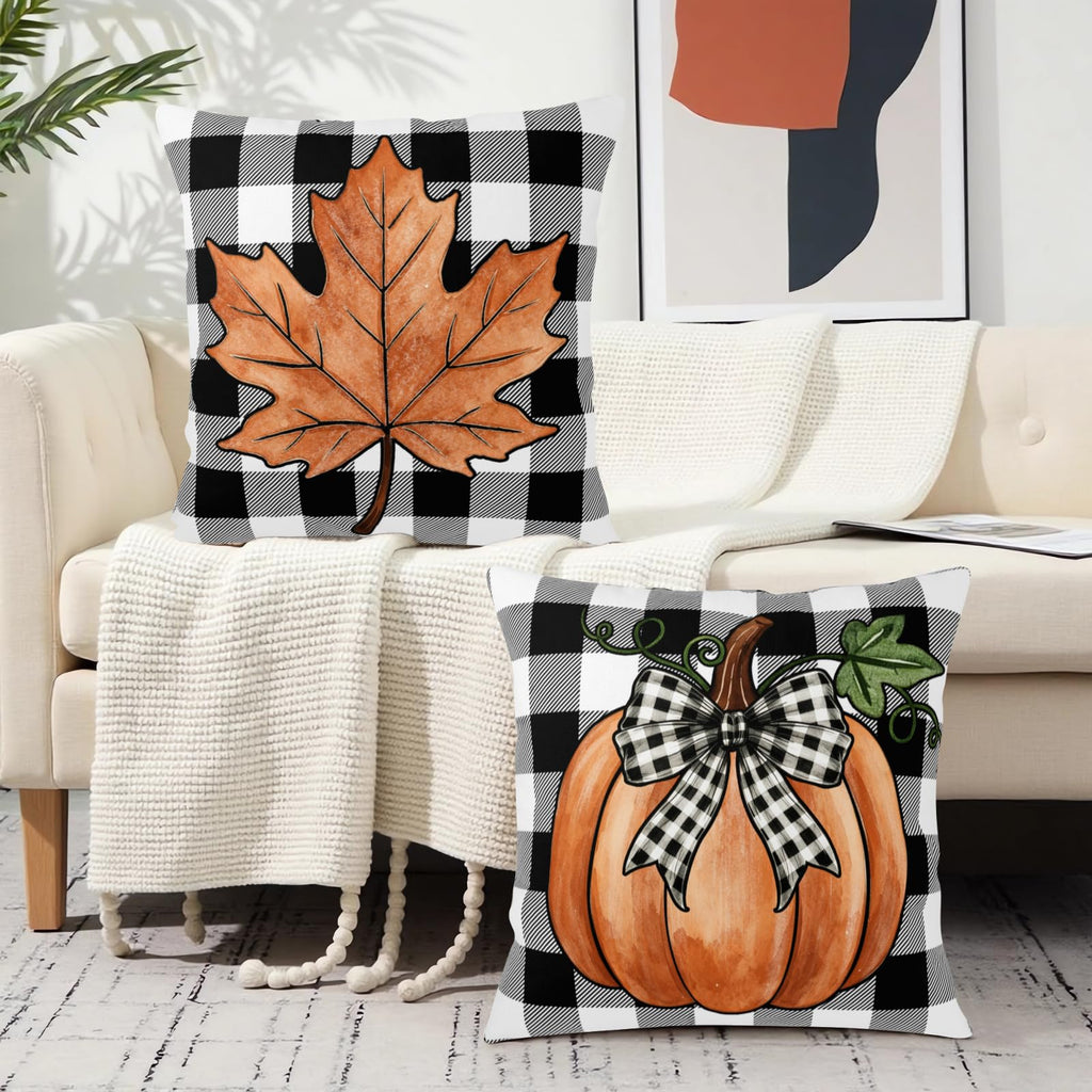 Fall Pillow Covers Burnt Orange Maple Leaf Pumpkin Black Buffalo Plaid Throw Pillow Covers Autumn Thanksgiving