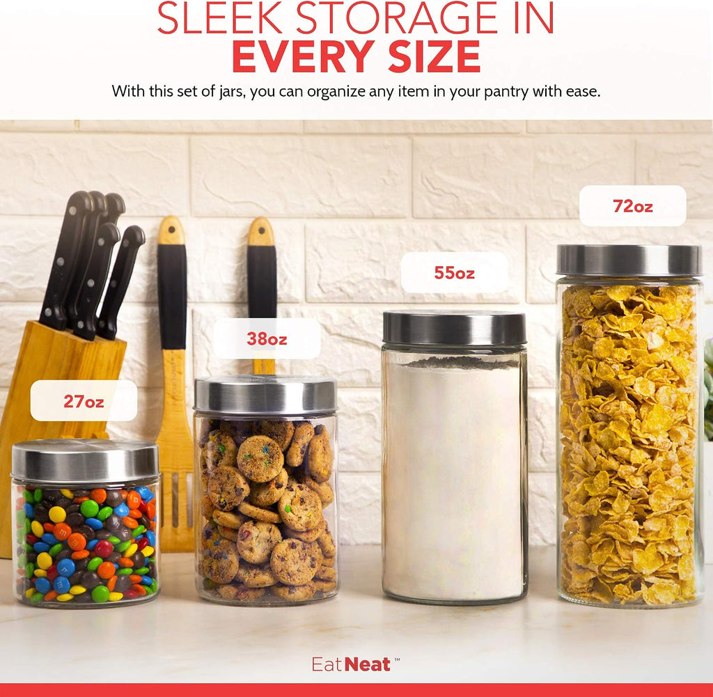 4-Piece Sleek Glass Canister Set with Brushed Stainless Steel Lids - Giftable, Durable Storage Containers - Set of 4