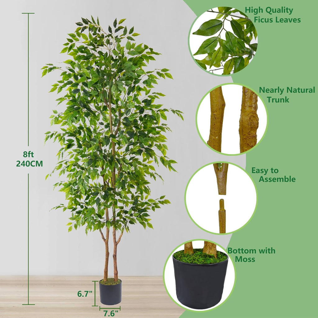 Artificial Ficus Tree 8ft Fake Floor Plant with Woven Basket