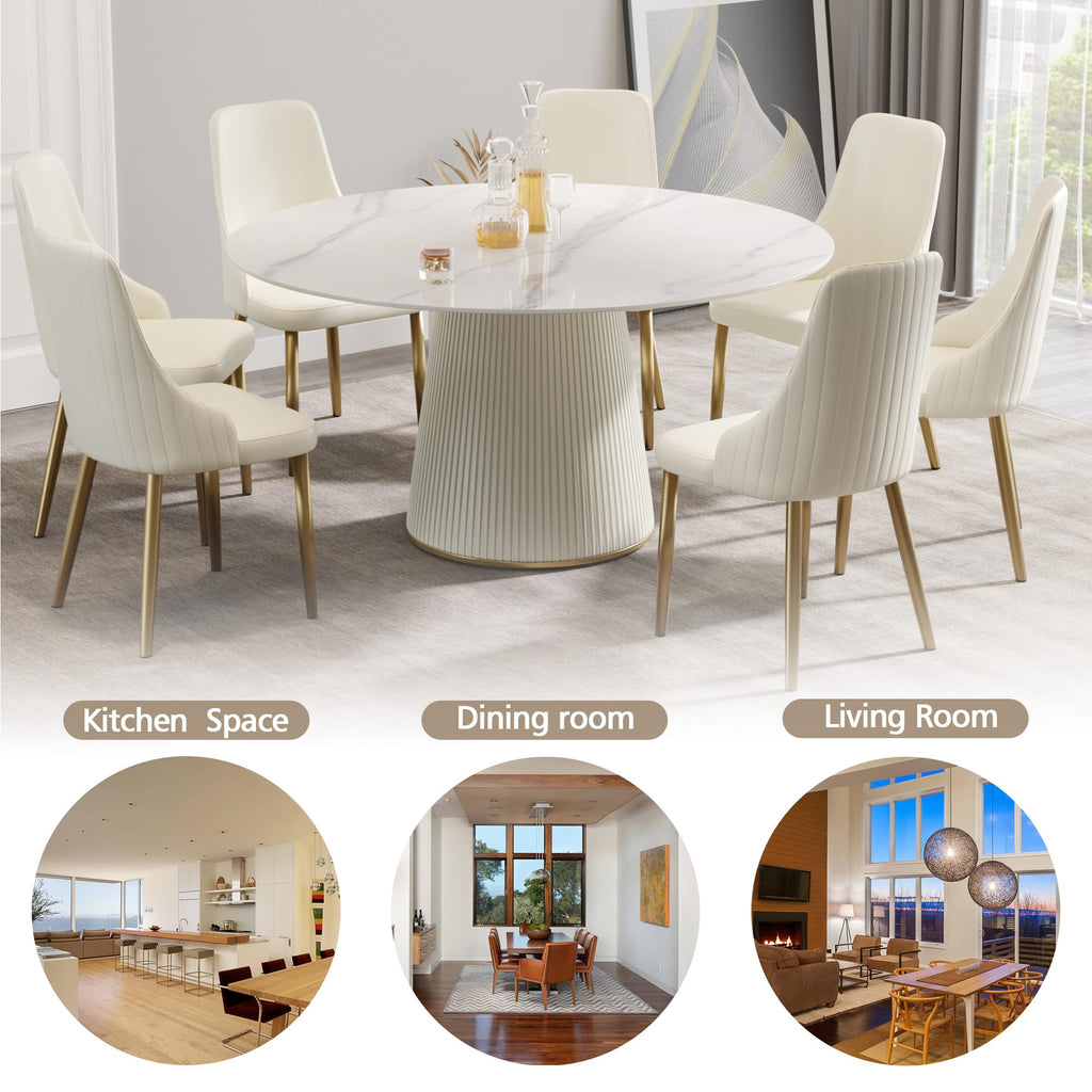 59'' Round Marble Dining Table for 6, Modern White Sintered Stone Top Kitchen Table, Faux Marble Circle Dining Table