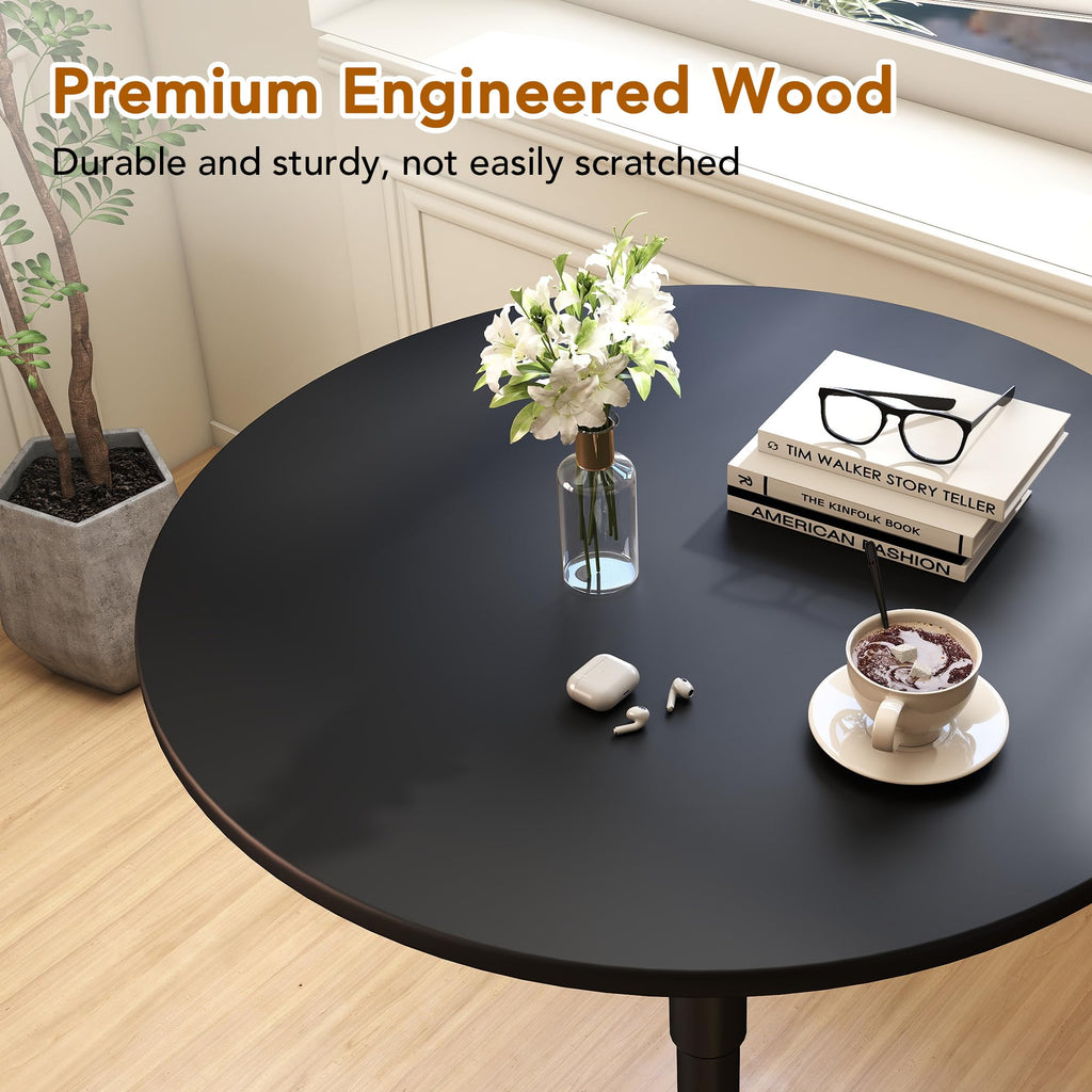 Round Pub Table, Height Adjustable Bar Table with 360 Swivel Top, Cocktail Table with Black Metal Base for Bar