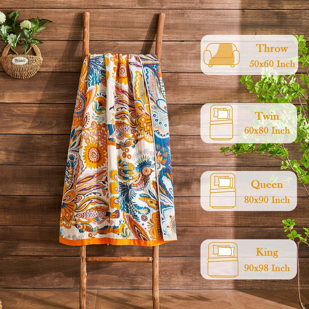 Boho Blanket Soft Muslin Boho Throw Blanket 100% Cotton Blanket All Seasons Reversible Rustic Floral Printed Vintage