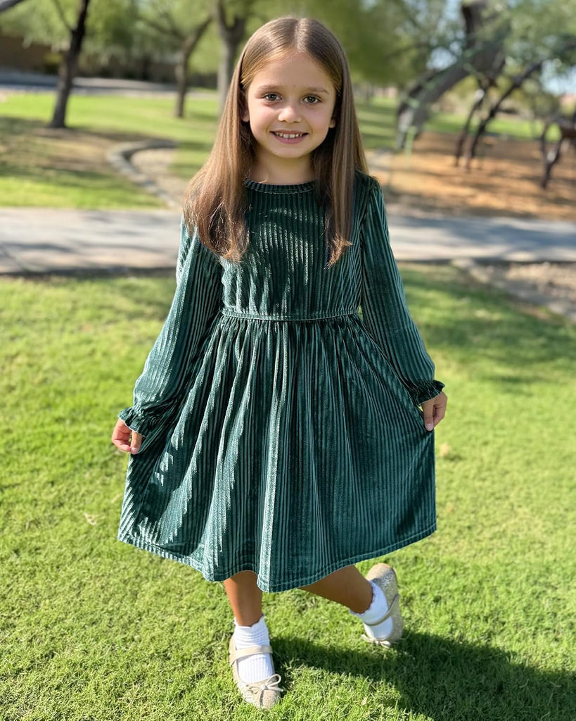 Girls Long Sleeve Velvet Dress with Pockets