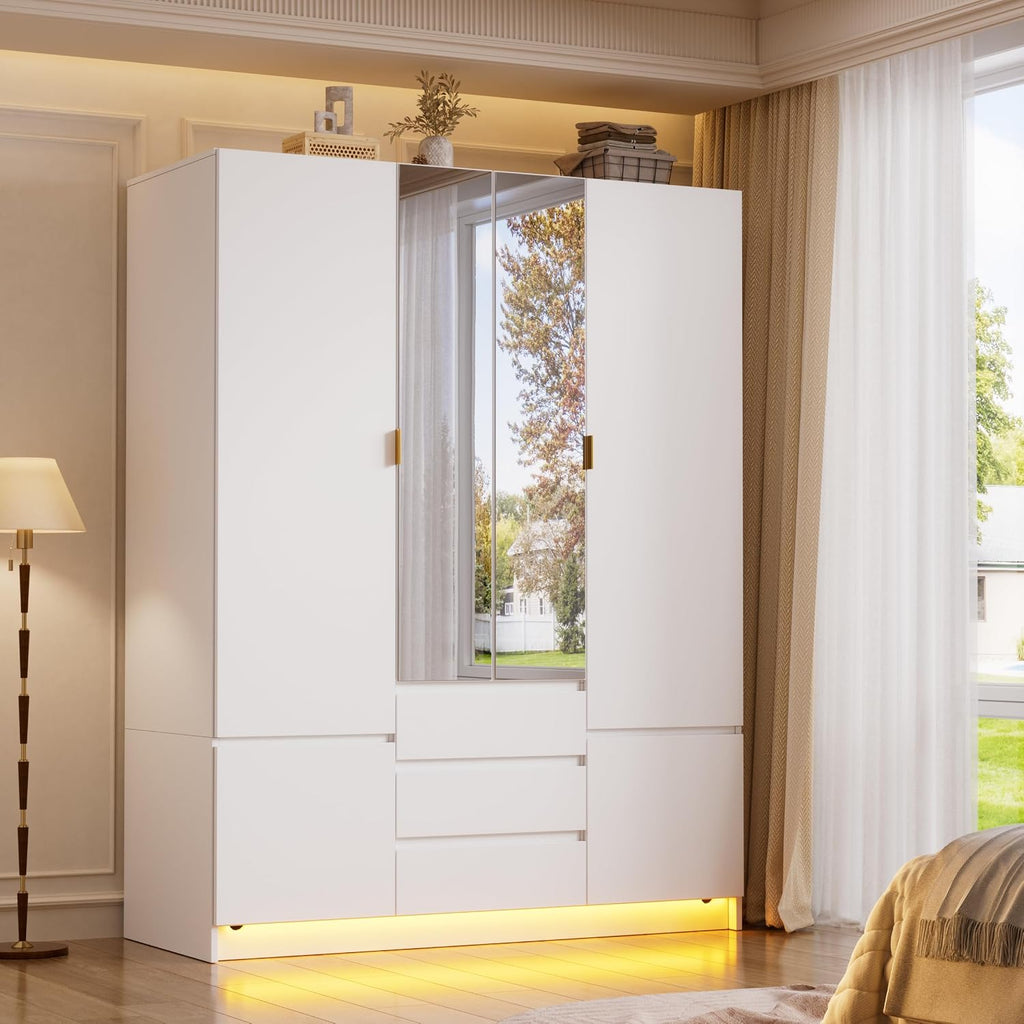 4 Doors Armoire Wardrobe Closet with Led Light & Mirror, Bedroom Large Capacity Freestanding Armoire Wardrobe with