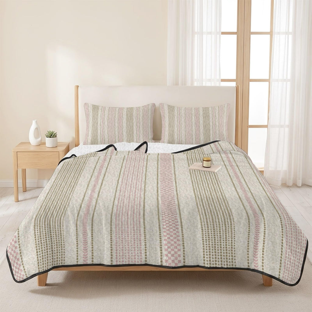 Vintage Striped Quilts Bedding Set Pink Khaki Vertical Ticking Stripes French Country Lightweight Quilted