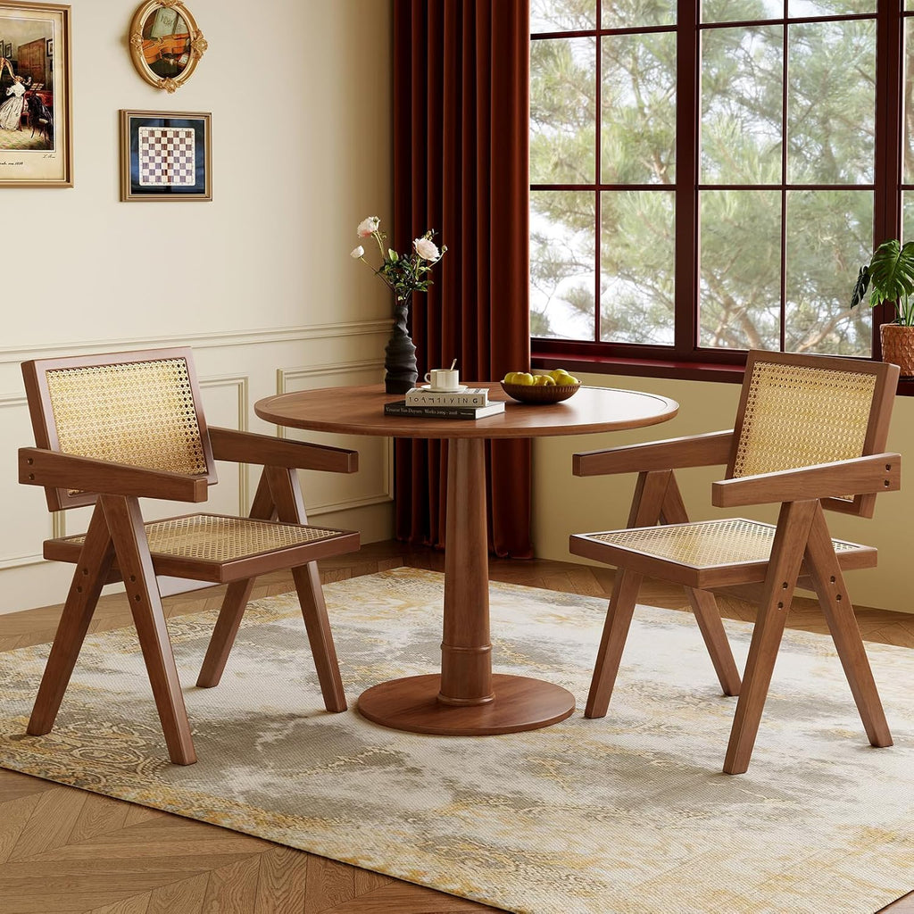 Wooden Dining Chairs Set of 2, Mid-Century Modern Rattan Chairs with Armrests, Walnut