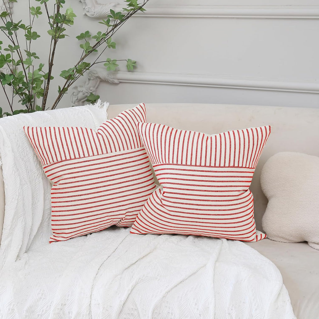 Red Christmas Throw Pillow Covers 20x20 Striped Pillow Cover - Set of 2