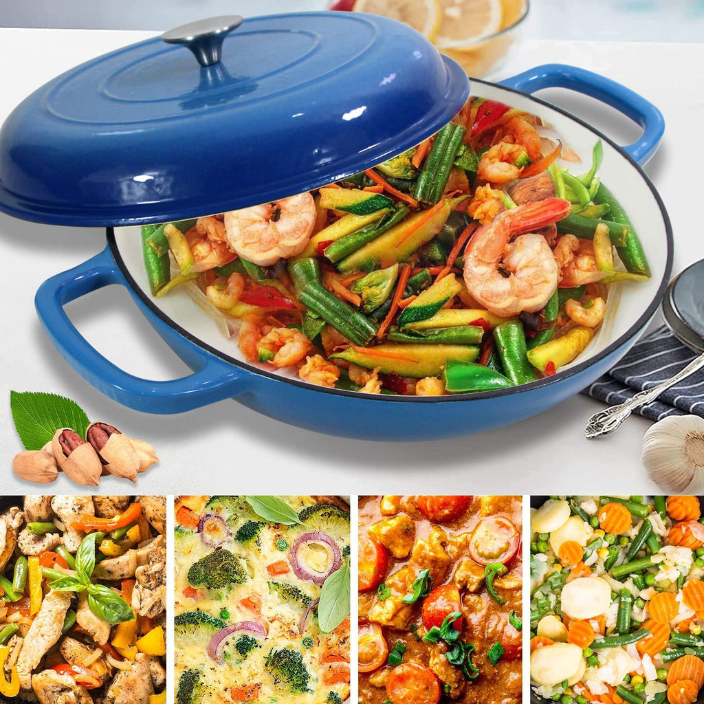 3.8 Quart Enameled Cast Iron Braiser Pan with Lid, Dual Handles Skillet