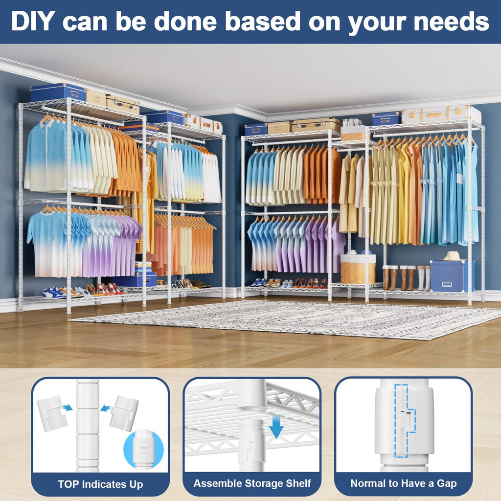 E12 Max Clothes Rack, Heavy Duty Freestanding Garment Rack with Shelves, Clothing Closet Storage System for Hanging