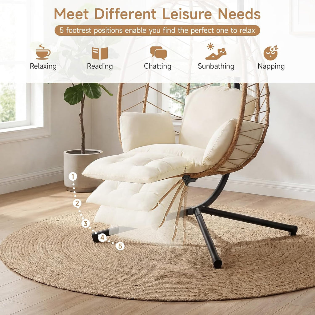 Wicker Egg Chair Outdoor, Hammock Chair with Footrest & Stand, Patio Swing with Cushion & Double Chains, Hanging
