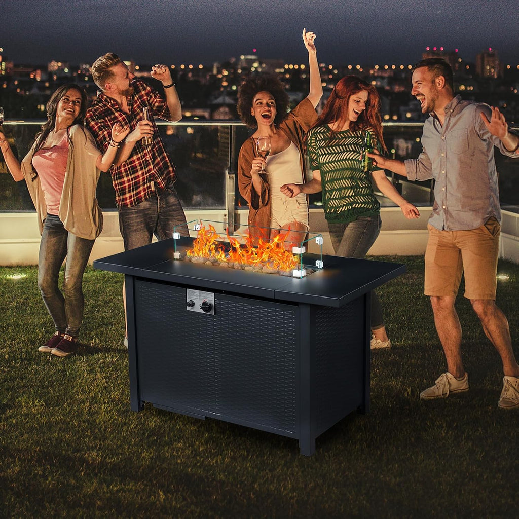 Fire Pit Table, 43" 50,000 BTU Rectangle Metal Propane Fire Table with Lid, Lava Rocks