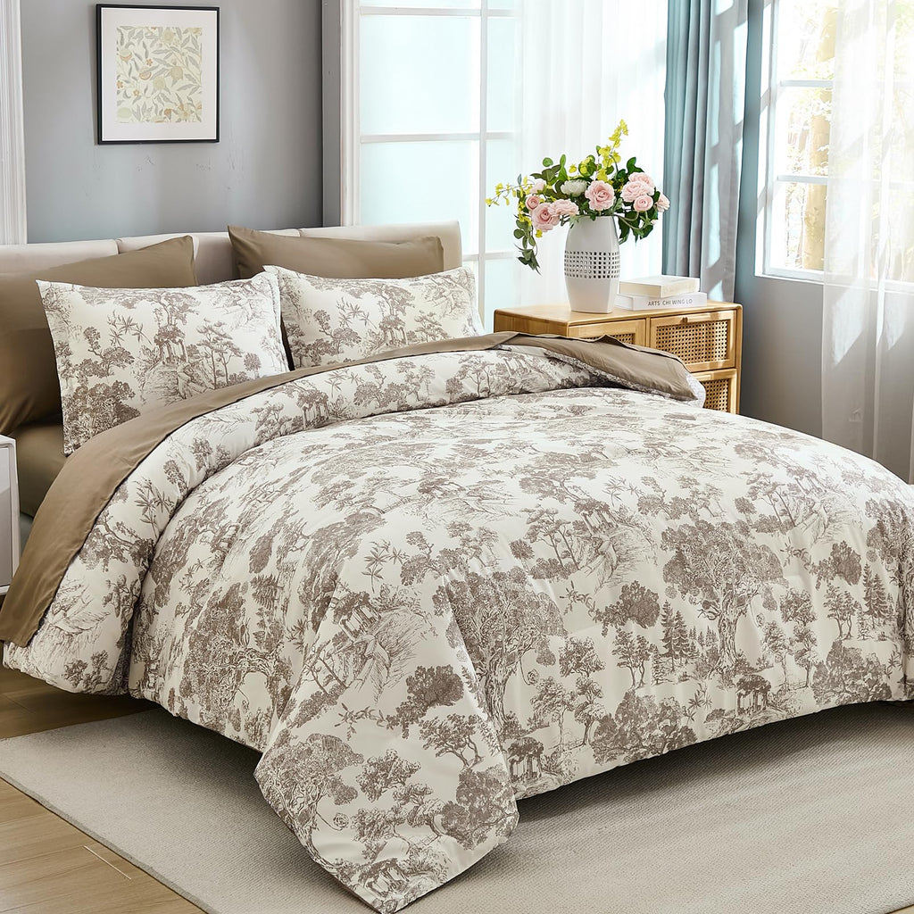 7 Piece Bed in a Bag-Floral Botanical Light Brown Comforter Set, Comforter Set with Sheets, Farmhouse