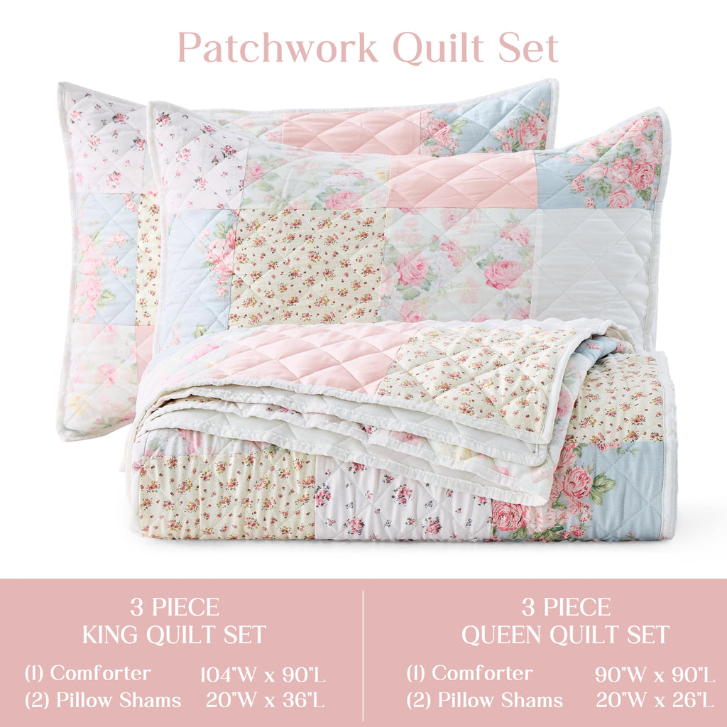Real Patchwork Quilt Set, 3 Piece Cotton Front Floral Pink Bedding, Boho Farmhouse Reversible Bedspread