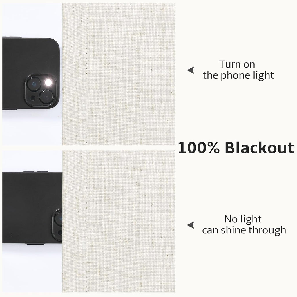 100% Blackout Linen Pinch Pleated Curtains 96 Inch Ceiling to Floor Ivory Beige Room Darkening Window Curtain for
