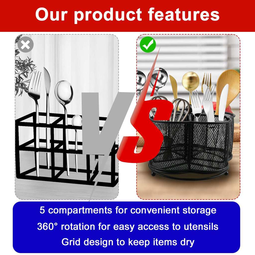 360° Rotating Silverware Utensil Caddy Holder, 5 Compartments, Black